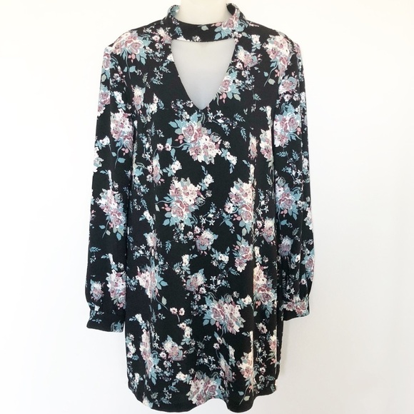 WAYF Boho Floral Black Choker Neckline Keyhole Long Sleeve Shift Dress - Picture 2 of 6